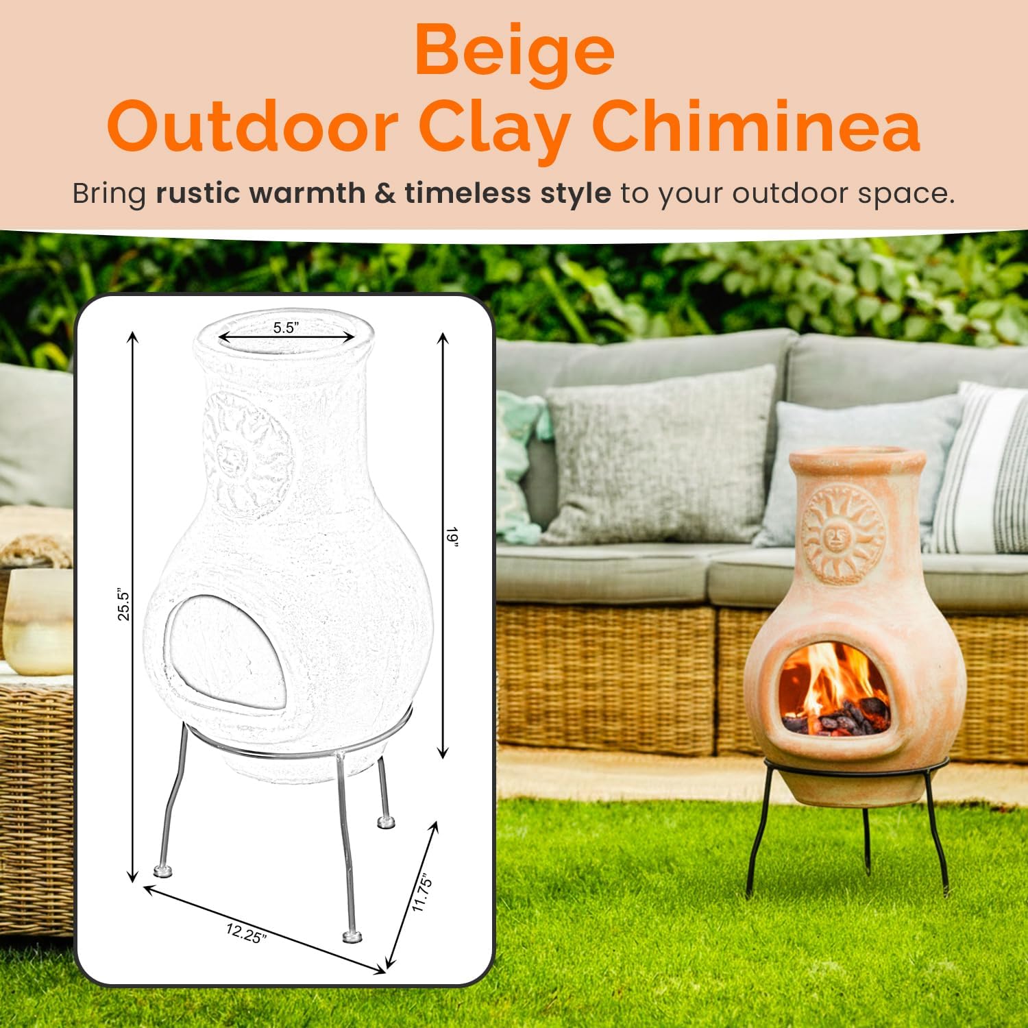 Vintiquewise Beige Outdoor Clay chiminea Outdoor Fireplace Sun Design Charcoal Burning Fire Pit with Sturdy Metal Stand, Barbecue, Cocktail Party, Family Gathering, Cozy Nights Fire Pit