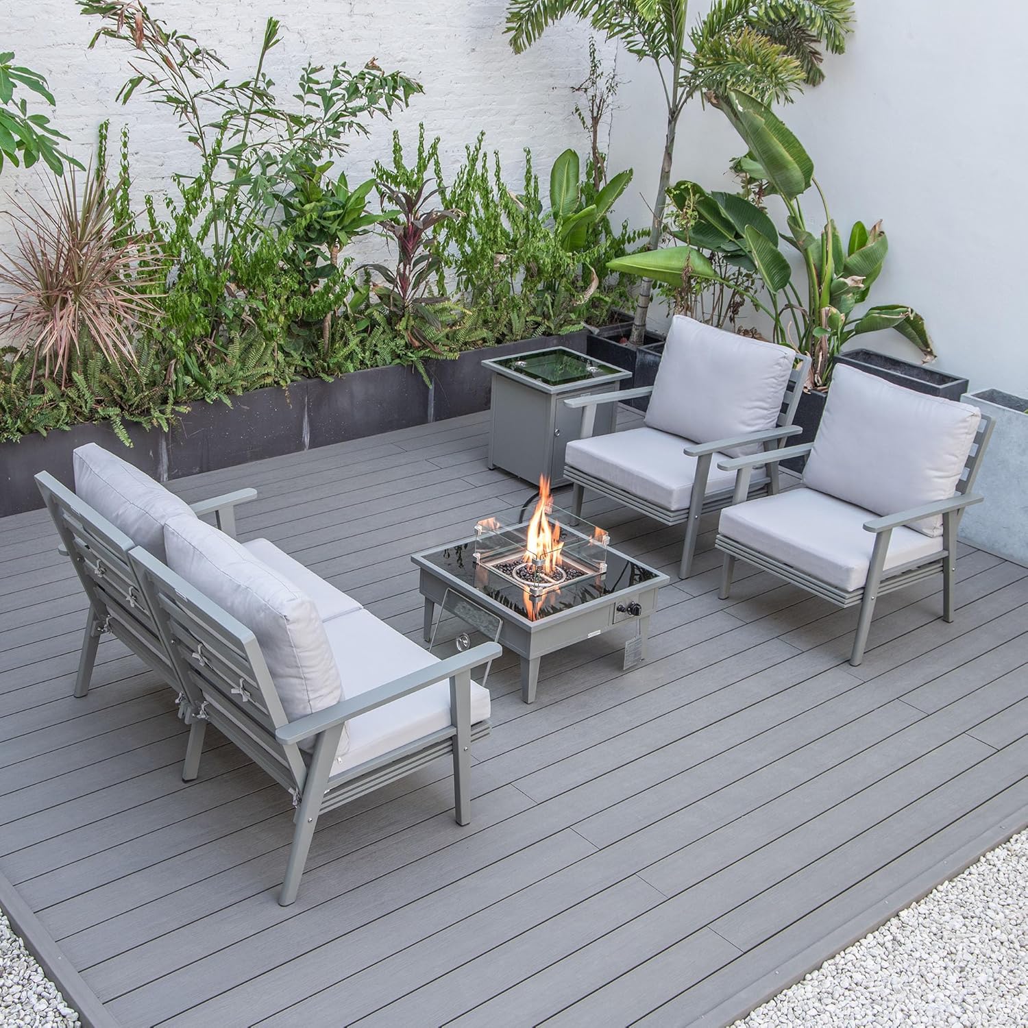 LeisureMod Walbrooke Modern Aluminum 5-Piece Patio Conversation Set with Outdoor Square Fire Pit Side Table Tank Holder, Light Grey