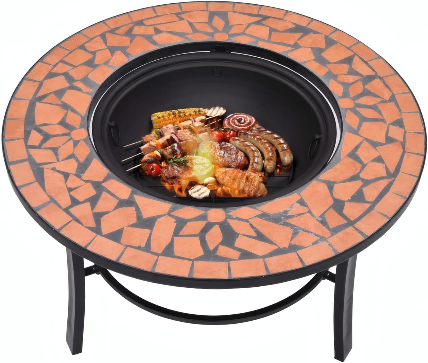Penau Mosaic Ceramic Fire Pit Bowl, Terracotta Outdoor Fire Pit, Steel Fire Bowl with Round Tabletop and Insulation Grid, Three-Leg Stand, 26.8 x 26.8 x 17.7 Inchs