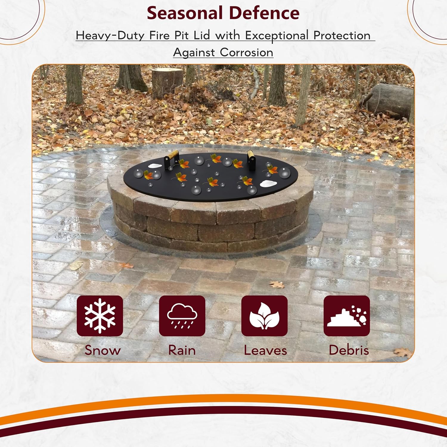 Round Fire Pit Lid - 28 inch fire pit cover Metal with Wooden Handles - Fits for Bonfire Pits or Propane Fire Pit Fire Tables, Weather Resistance Outdoor Firepit & Smokeless Fire Pit Cover as Tabletop