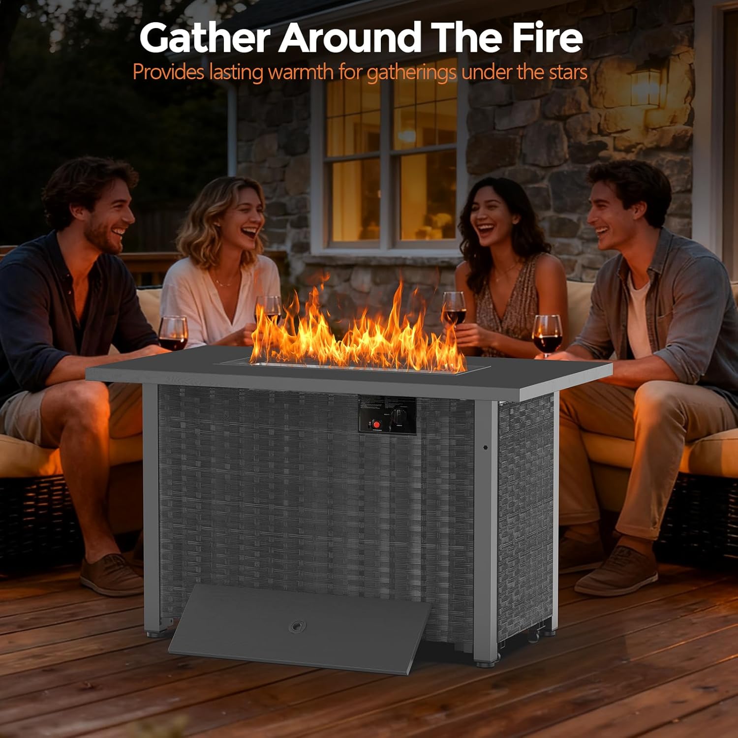 WAA 42 Inch Propane Fire Pit Table, 50,000 BTU CSA-Listed Steel Gas Fire Pit with Lid - Features Blue Crystal Stones & Metal Wood-Grain Board to Add Warmth and Ambience to Patio, Deck, Garden