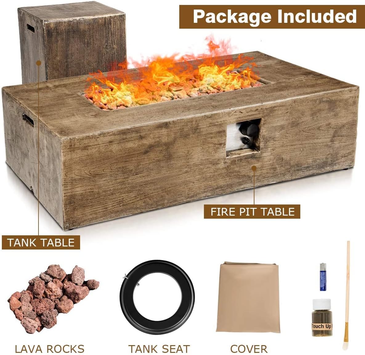 Topment 48-Inch Propane Fire Pit Set, 50,000 BTU Rectangular Gas Fire Pit Table with Lava Rocks, Waterproof Cover, Patio Rustic Outdoor Fireplace with Adjustable Flame, Propane Tank Holder Included
