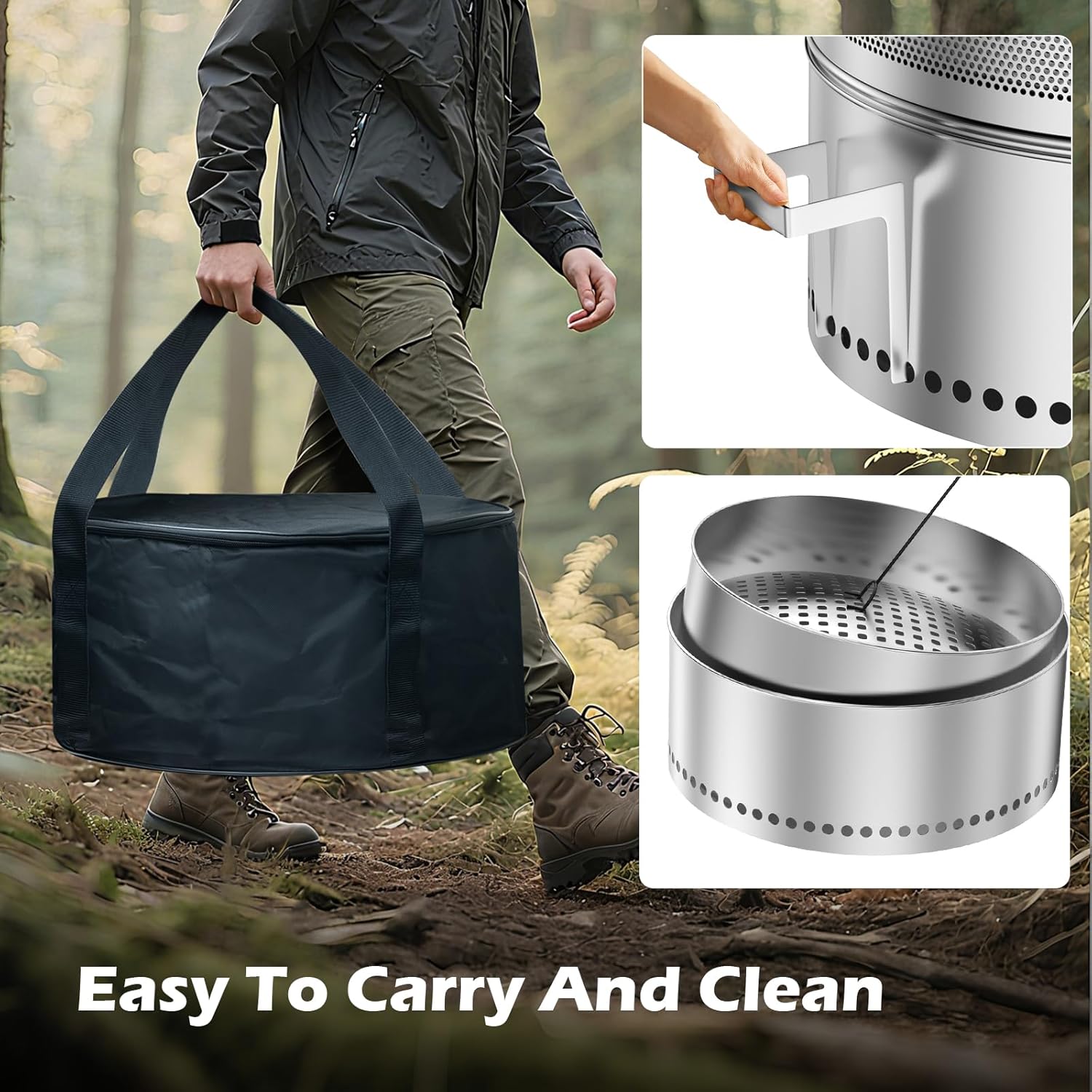 20 Inch Smokeless Fire Pit, Outdoor Double-Wall Airflow Stainless Steel Firepit with Grill Rack & Ash Pan, 360° Airflow Bonfire Stove Design, Efficient Wood Burning, Portable for Camping & Gatherings