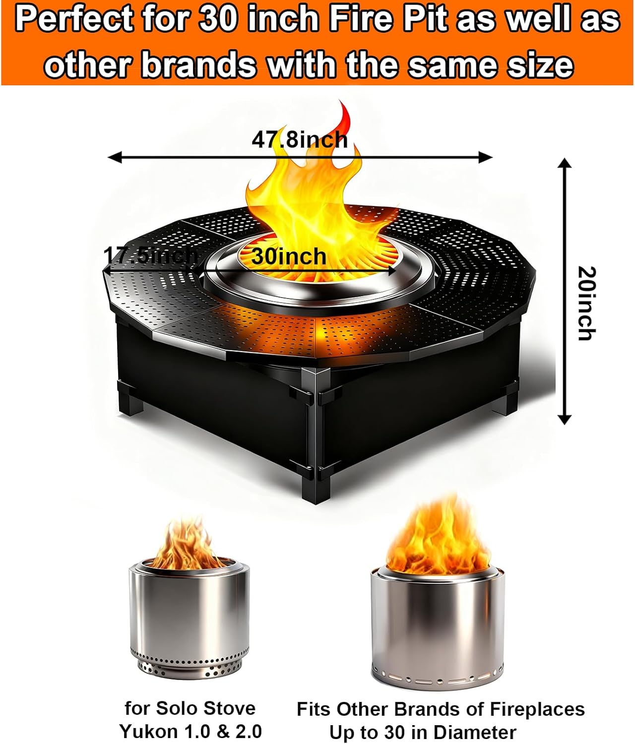 47.8-Inch Adjustable Fire Pit Surround Tabletop for Solo Stove Yukon/Bonfire, Powder-Coated Steel Top with UV-Resistant Fabric for Indoor & Outdoor Use, 30.2 in Inner, Fits Most Wood Burning Fire Pit