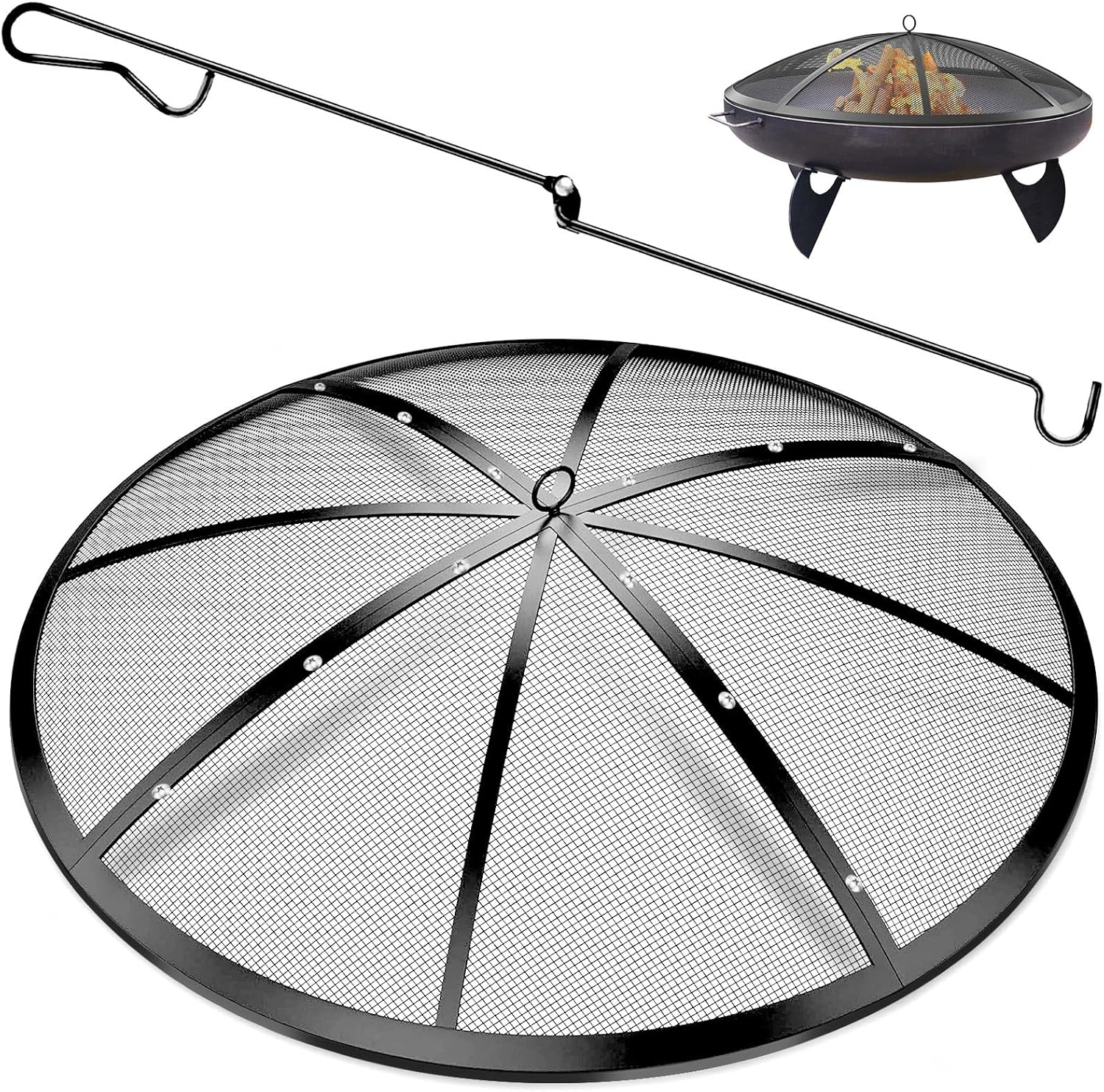 Fire Pit Spark Screen, 40Inch Fire Pit Lid Outdoor with Handle & Poker, Heavy-Duty Mesh Firepit Cove with 12 Reinforced Bars for Backyard/Beach/RV Camping