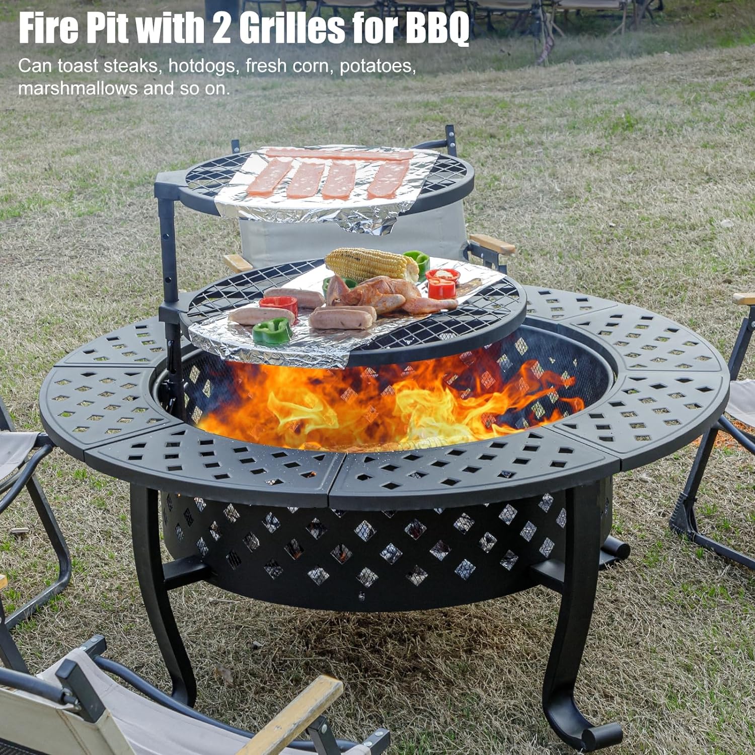 42 Inch Fire Pit with 2 BBQ Grills, Wood Burning Fire Pits for Outside with Lid & Fire Poker, BBQ& Outdoor Firepit & Round Metal Table 3 in 1 for Patio, Picnic, Party