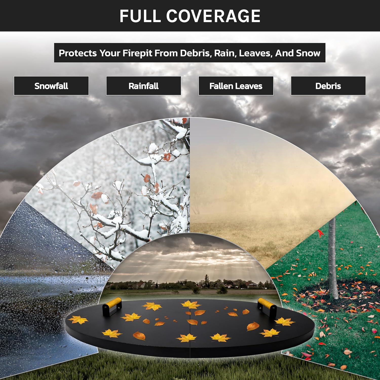 42” Fire Pit Cover Lid Round - Fit for 40” Round Fire Pit Lid for Outdoor Fireplace Cover Lid Steel fire pit metal cover W/ 2 Wooden Handles & Heat Resistant Snuffer Lid for Patio Fire Pit Ring