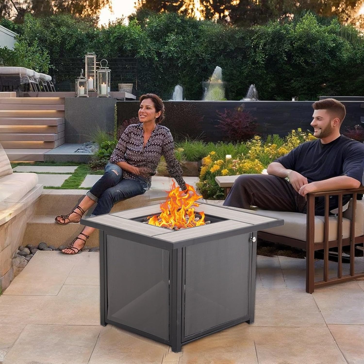 Patio Outdoor Gas Fire Pit Table 32 Inch Btu Rectangle Propane Inch Black Square Steel Natural Finish