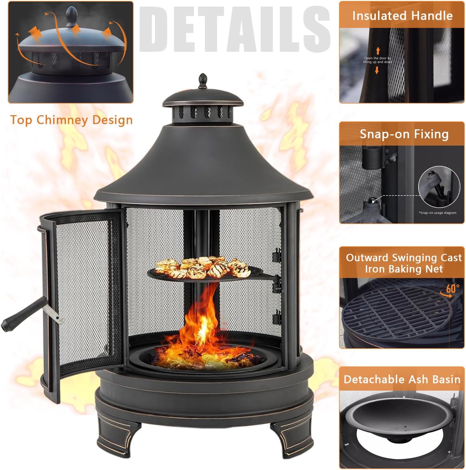 Fire Pit Chiminea, 30'' x 49'' Large Chiminea Fireplace with Mesh Spark Screen Doors & Fire Poker, Outside Wood Burning Fire Pit for Patio, Lawn, Backyard