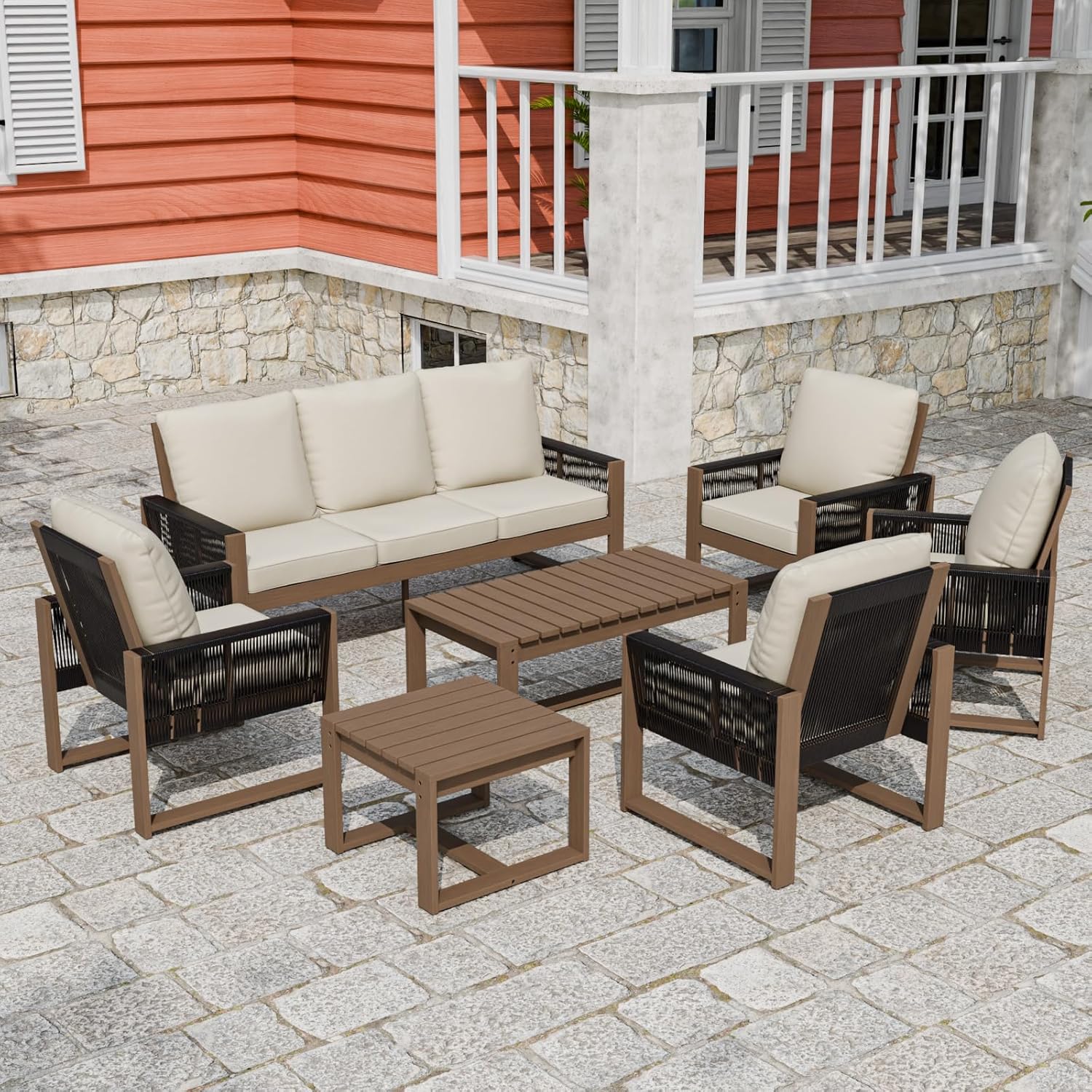 Rustic Hideaway Natural Cedar Wood Outdoor Furniture Set, Wicker Patio Conversation Set for Porch Garden Backyard, Couch, 4 Patio Chairs, Tables, 7 Piece, Brownish/Beige