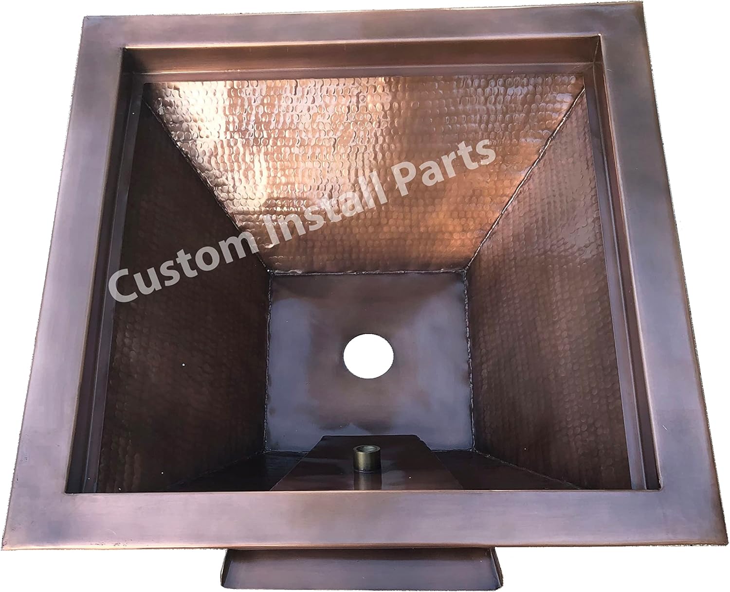 24 Inch Square Hammered Copper Metal Outdoor Propane or Natural Gas Fire Pit with Waterfall Fountain Water Stream Feature