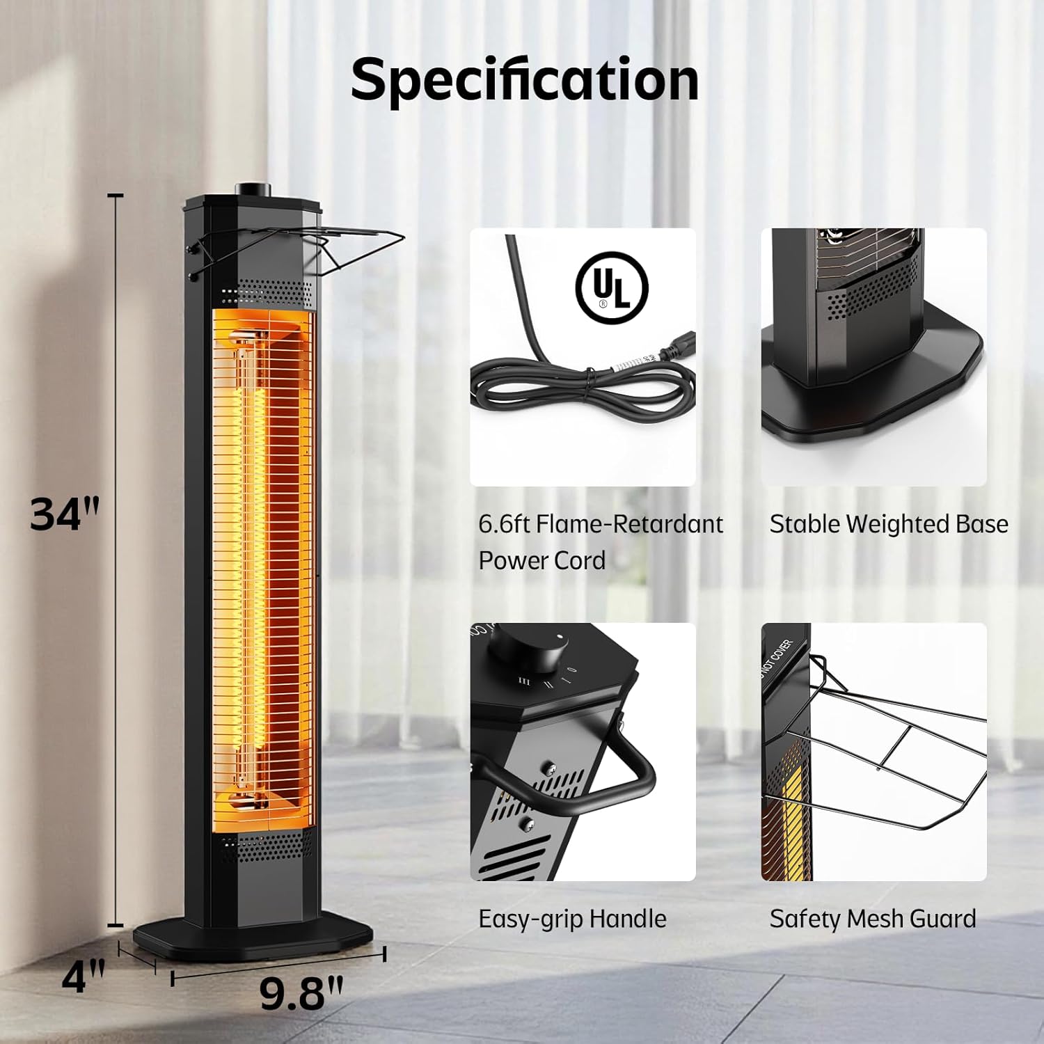 Outdoor Electric Patio Heater, 34-inch 1500W Infrared Tower Heater with Instant Heating, Tip-Over & Overheat Protection, IPX5 Waterproof Space Heater for Patio Garage Workshop Indoor & Outdoor Use