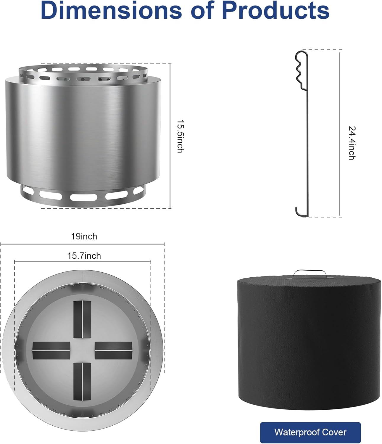 Kullavik 19 Inch Outdoor Smokeless Fire Pit, Portable Stainless Steel Firepit with Weather Resistant Cover,Wood Burning Fire Pit for Outside