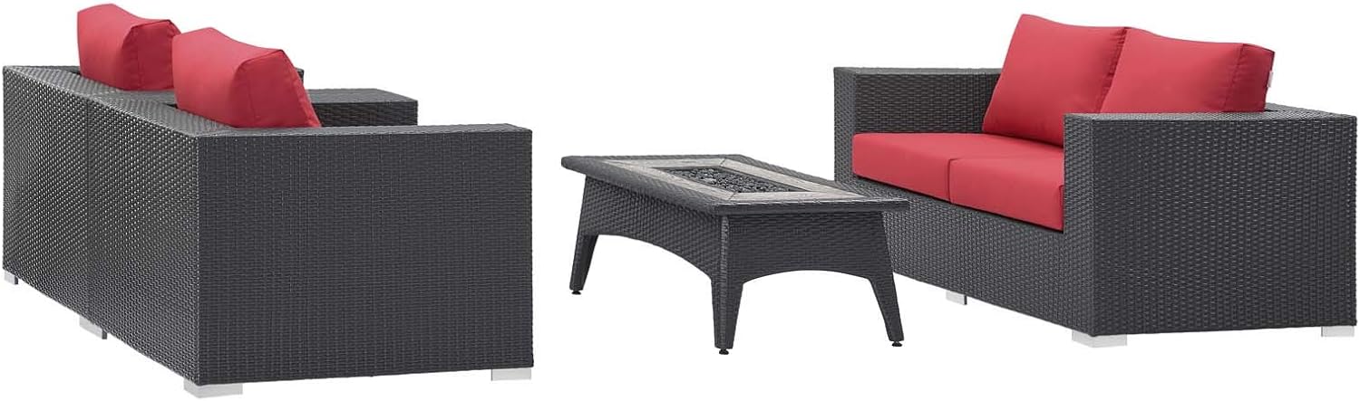 Modway Convene Wicker Rattan 4-pc Outdoor Patio Sectional Set with Fire Pit in Espresso Red