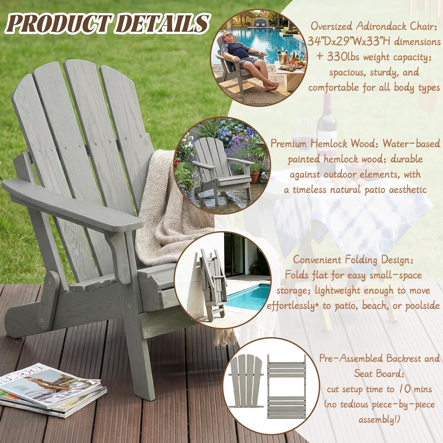 Folding Adirondack Chair, Solid Wood All-Weather Fire Pit Chairs with Pre-Assembled Backrest & Seat Board for Deck Backyard Patio Outdoor, Gray
