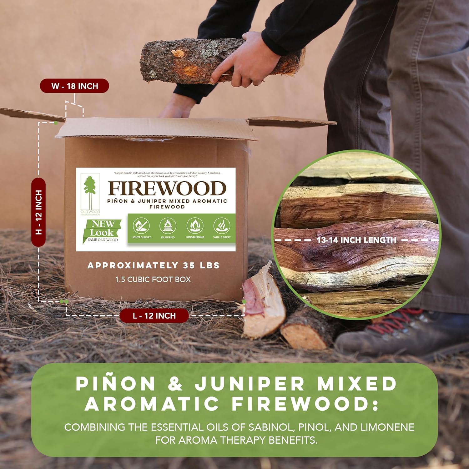 Old Wood Piñon & Juniper Firewood Box - Aromatic Blend for Indoor/Outdoor Use, 13-14 Inch Logs, Southwest Scent - Ideal for Fireplace, Fire Pit, Campfire, BBQ- Approximately 35 Pounds (1.5 Cubic Feet)