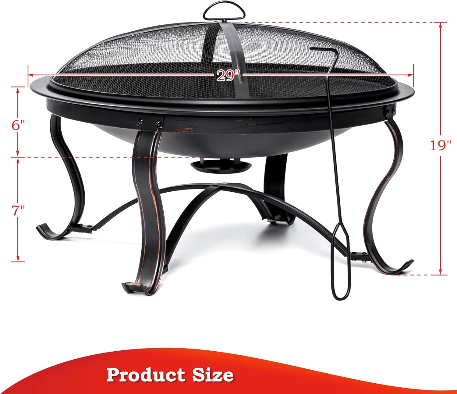 SINGLYFIRE 29 inch Fire Pits for Outside Firepit Outdoor Wood Burning Bonfire Pit Steel Firepit Bowl for Patio Backyard Camping,with Ash Plate,Spark Screen,Log Grate,Poker, bronze