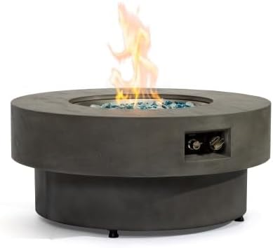 34-inch Round Propane fire Pit Table, 50,000BTU Outdoor firepit Table for Outside Patio w/Round Burner Lid, Glass Rocks, Cover