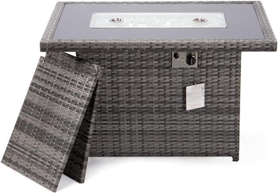 LeisureMod 44-Inch Propane Fire Pit Table, 50,000 BTU Auto-Ignition Gas Fire Pit with Lid, Tempered Glass Wind Guard & Decorative Stones, Grey