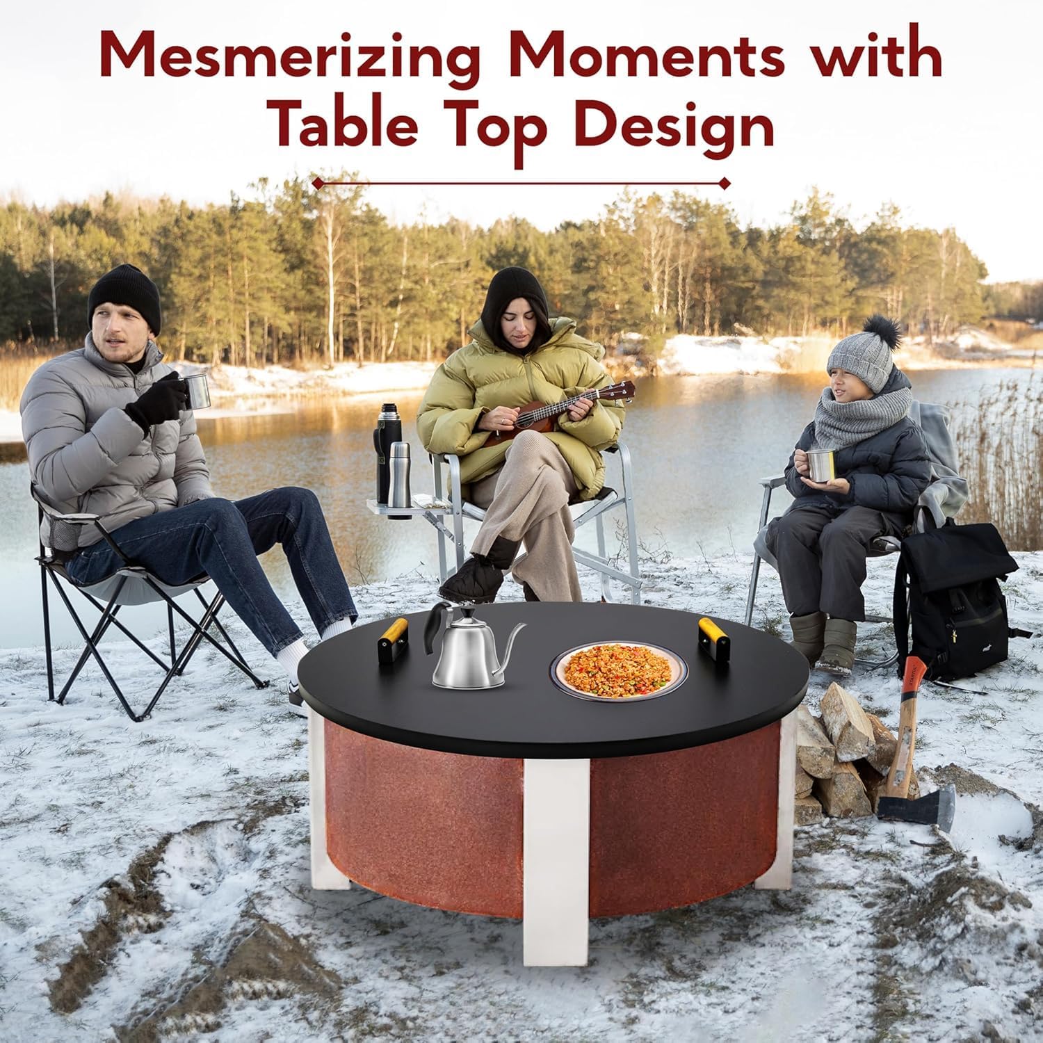 35” Round Fire Pit Lid – Powder Coated Fire Pit Cover Lid Round for Outdoor Fireplace -16 Gauge Steel Flat FirePit Burner Pan Cover with Dual Wooden Handles Snuffer Lid for Round Patio FirePit Ring