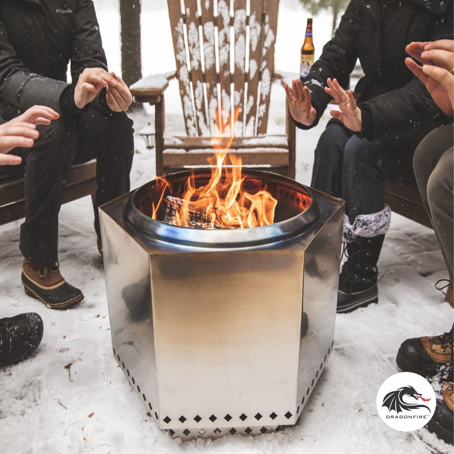 Dragonfire Smokeless Firepit, Accessories Included: Grill Grate, Base Stand, and Weatherproof Cover. Wood Pellet/Log Burning Large Outdoor Fire Pit. Stainless Steel, 23.5 Inch Backyard Patio Size.