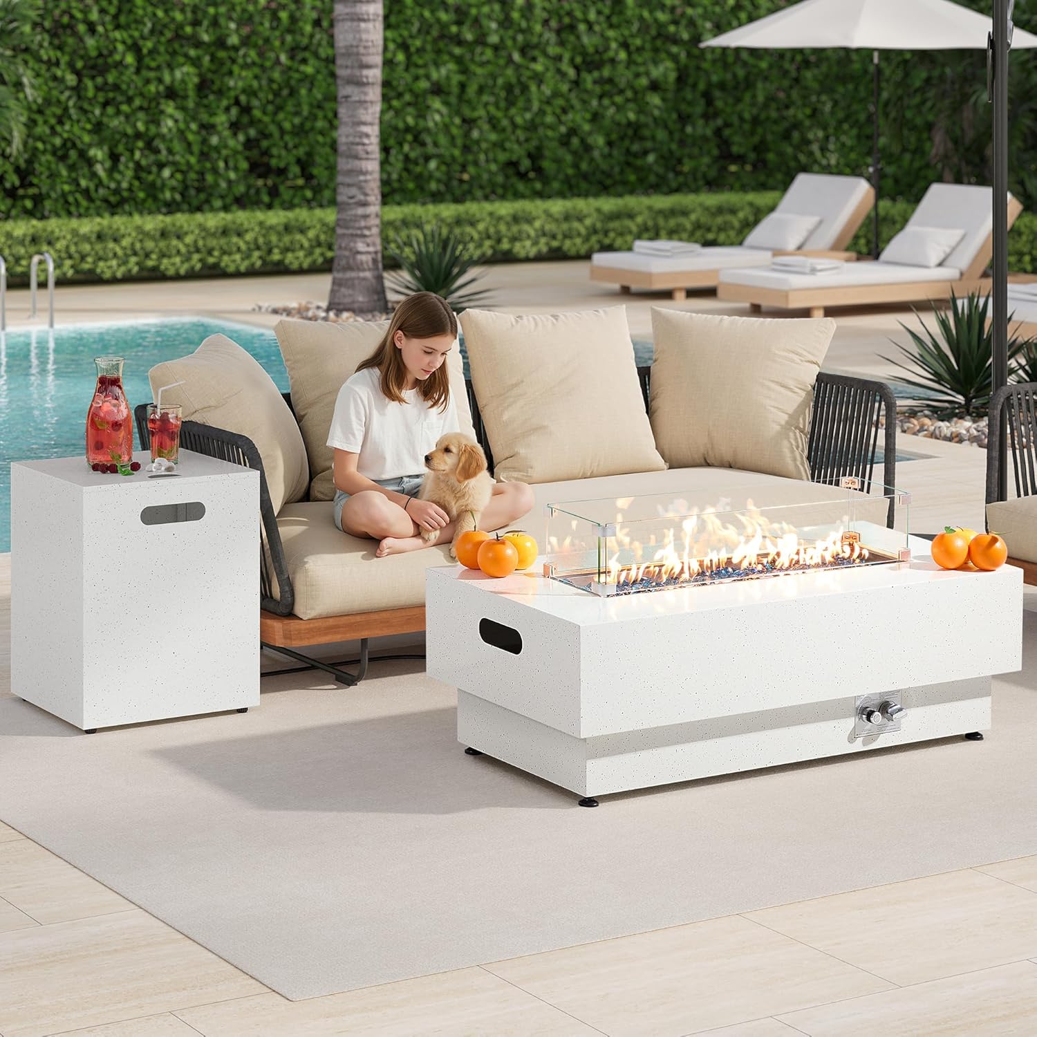 IRONCK 43-inch Outdoor Propane Fire Pit Table w Tank Table, CSA Certified, 2 in 1 Rectangular Patio Fire Pit w Glass Rocks, Wind Guard and Cover, 50000 BTU Outdoor Heater for Garden, Pool, White