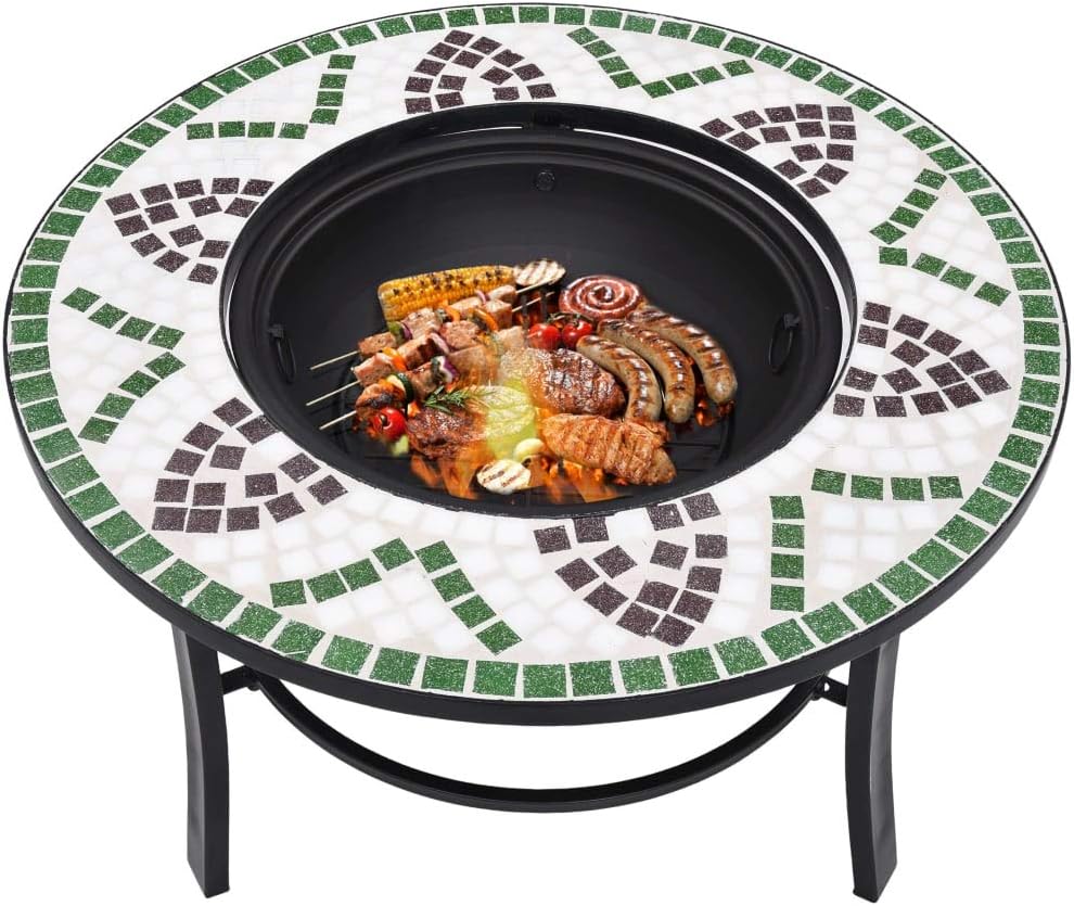 Mosaic Fire Pit, BBQ Grill, Heat Radiator Made of Resistant Steel and Ceramic, Suitable for Burning Wood, Logs, Charcoal, Green 26.8