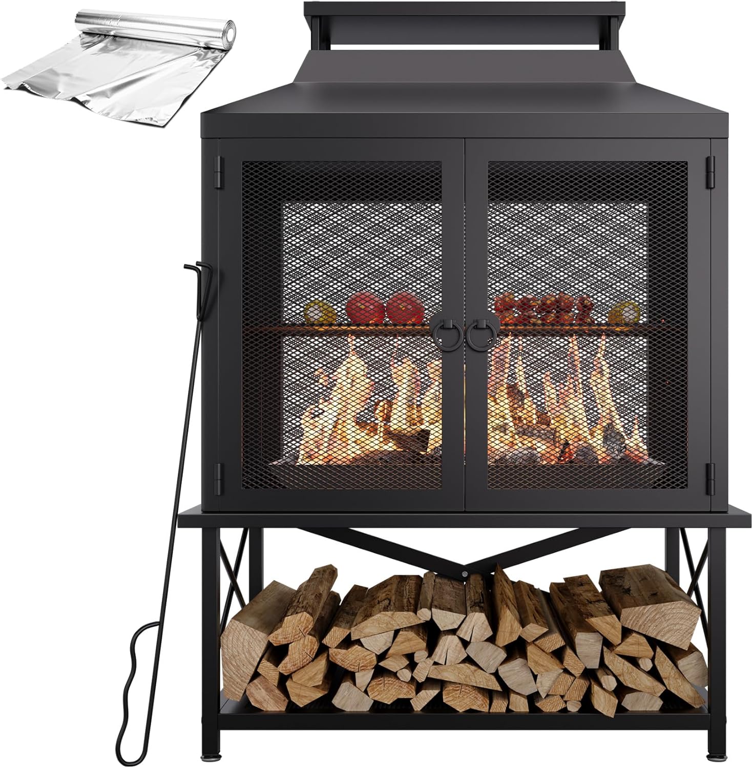 2-in-1 Metal Chiminea Fireplace with Grill,Wood Burning Outdoor Fireplace with Wood Storage, Chimney,Metal Mesh Spark Screen,and Fire Tongs Ideal for Yards,Patios, Gardens,Camping,and Picnics