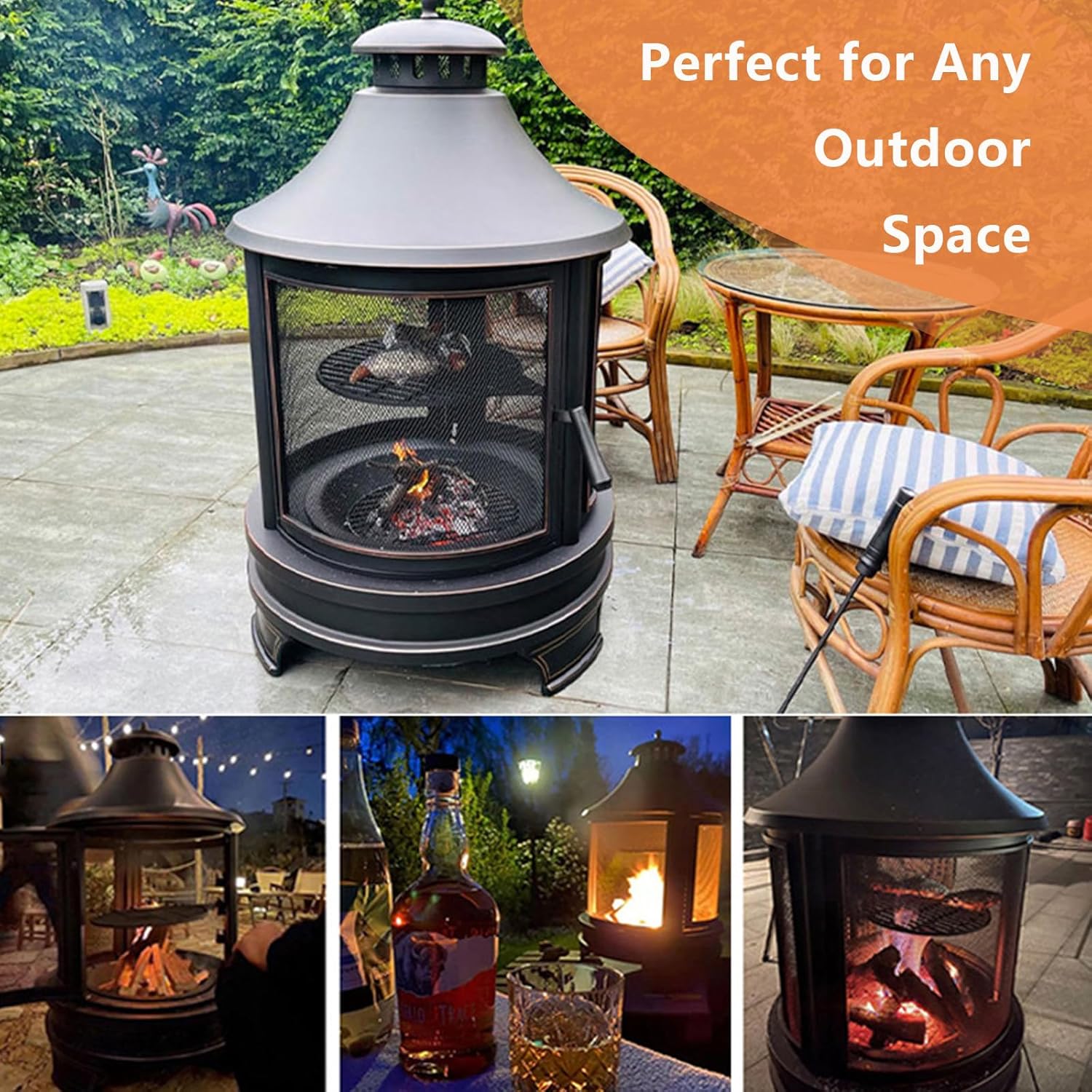 Fire Pit Chiminea, 30'' x 49'' Large Chiminea Fireplace with Mesh Spark Screen Doors & Fire Poker, Outside Wood Burning Fire Pit for Patio, Lawn, Backyard