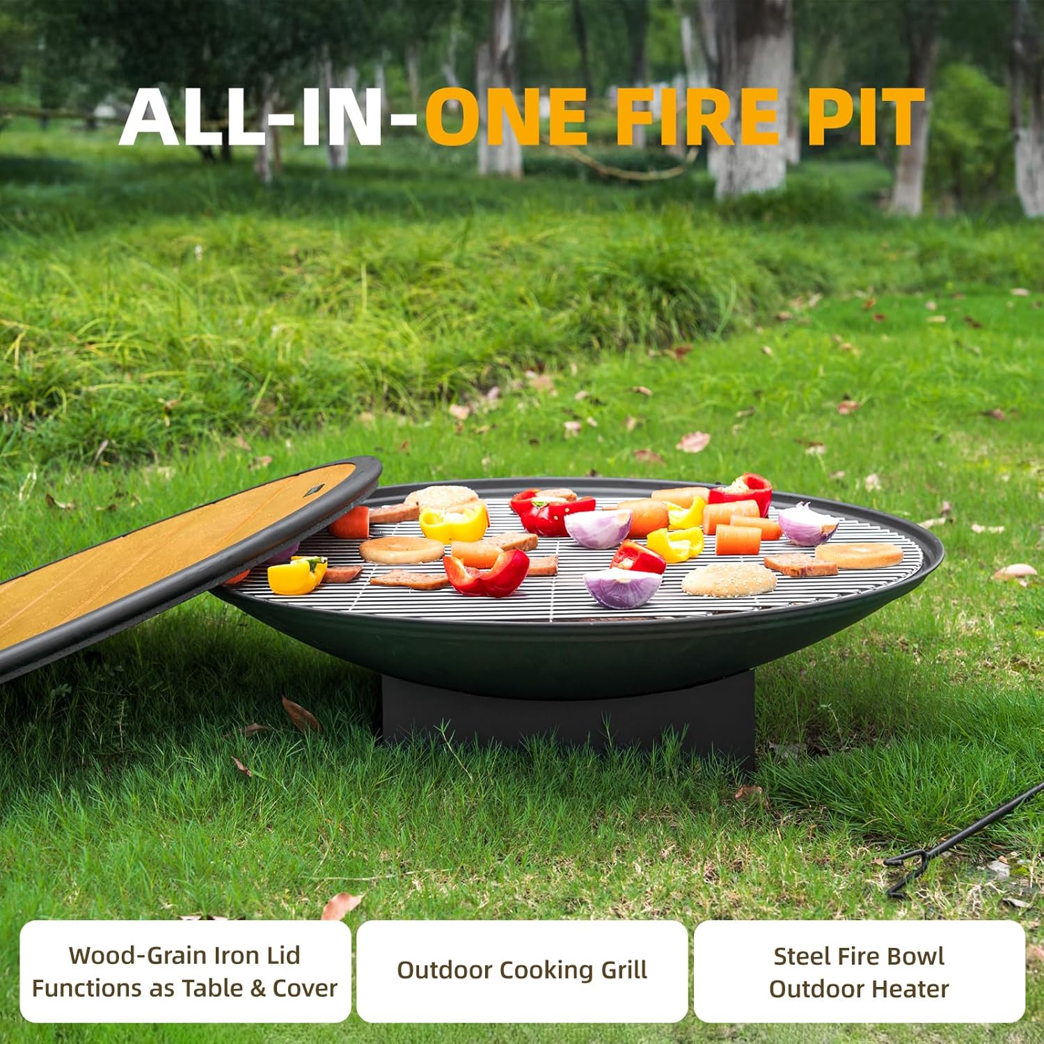 32 Inch Fire Pit for Outside, Outdoor Wood Burning Fire Pit Table with Grill & Cover Lid, Large Portable Firepit for Backyard Patio Camping