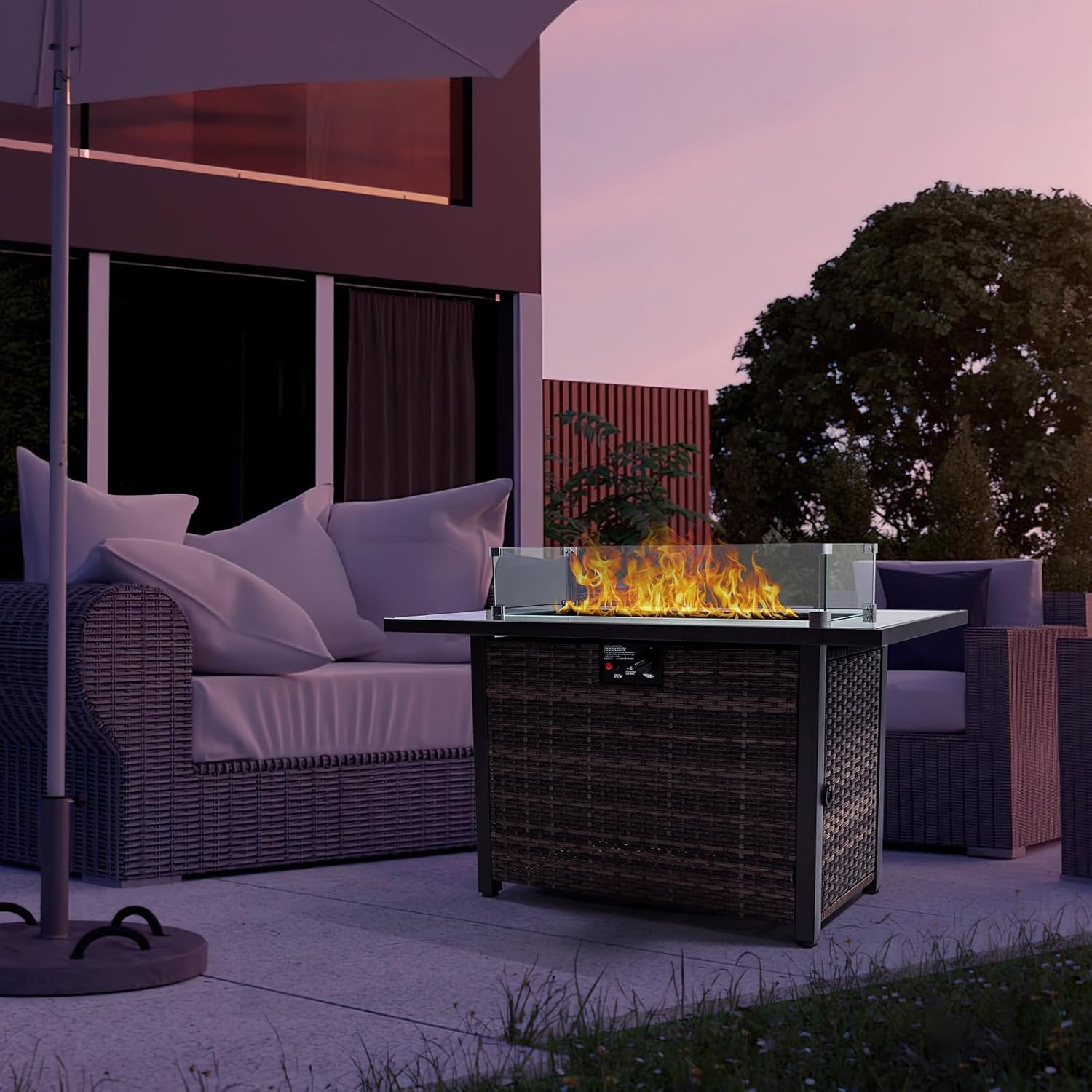 Outdoor Fire Pit 50,000 BTU Propane Gas Fire Table with Lid Fireplace Glass Wind Guard Wicker Base for Garden Patio Backyard