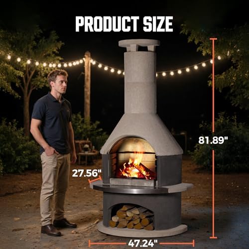 Concrete Outdoor Fireplace with Grill, Wood Burning Fireplace with Wood Storage and Chimney, Include Grill Rack & Charcoal Pan, 81.9”H