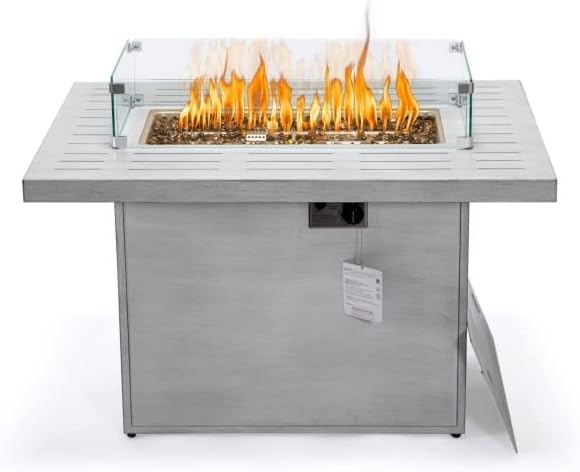 LeisureMod Chelsea Propane Fire Pit 44 Inch 55,000 BTU Auto-Ignition Gas Fire Pit Table with lid, Wind Guard and Decorative Stones Aluminum Frame (Weathered Grey)