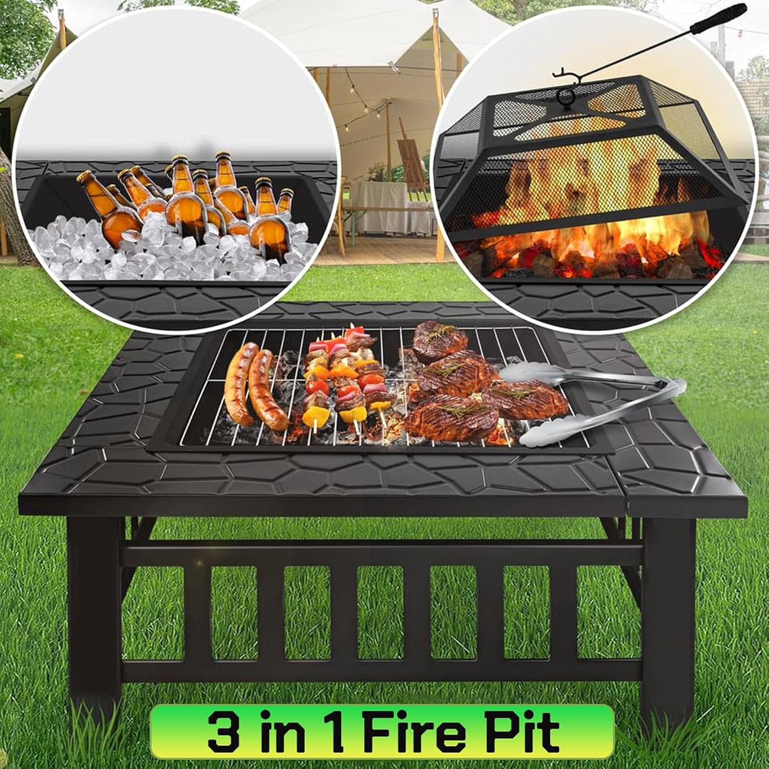 Outdoor Fire Pit Table, 3 in 1 Square Firepit for Barbecue, Patio Heater, Ice Pit, Metal Brazier Bonfire Firepit,Spark Cover Screen & Poker & BBQ Grill Grate