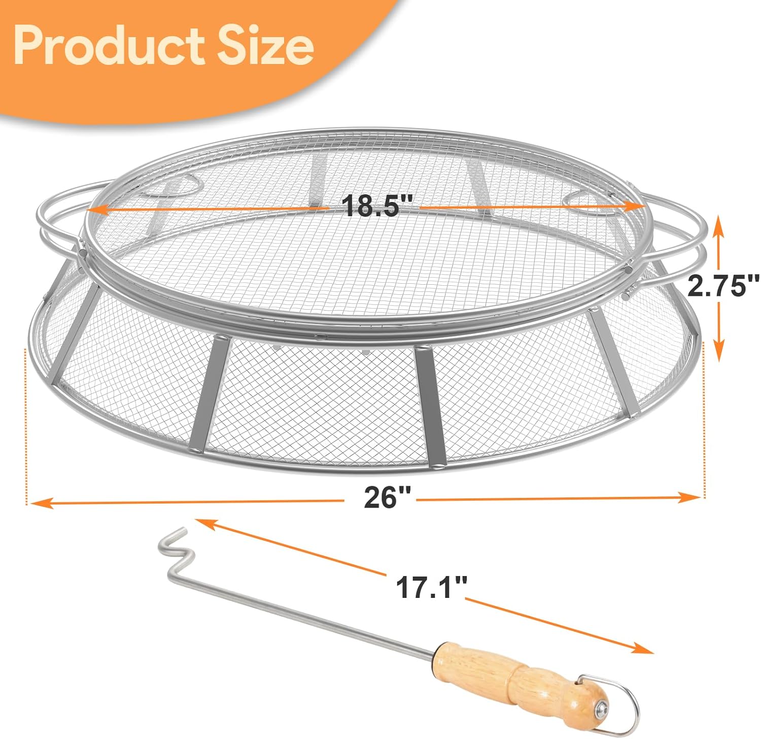 Spark Protector Mesh Screen for Solo Stove Yukon 27 Inch, Stainless Steel Fire Pit Spark Screen Mesh Fire Pit Spark Protector with Sticks Poker for Solo Stove Yukon Accessories