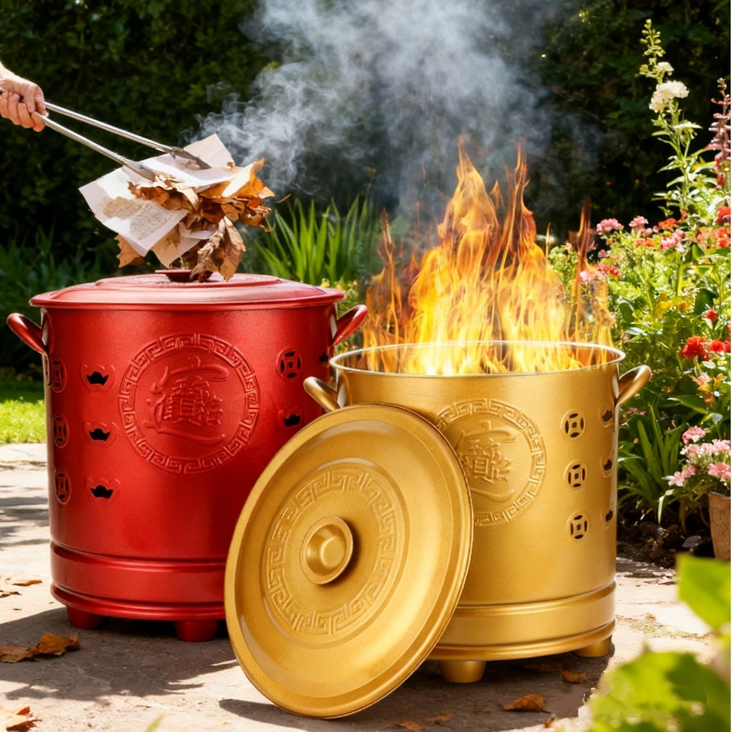 Burn Barrels for Outside for Burning Trash, Firepits, Including Grid Frame, Fire Hook, Liner, for Leaves Trash Camping Bonfire(Red,26cm/10in)