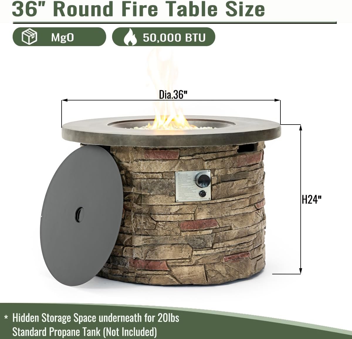 36-Inch Round Propane Fire Pit Table, 50,000 BTU, Stone-Look Base with Metal Top, Hidden Tank Storage
