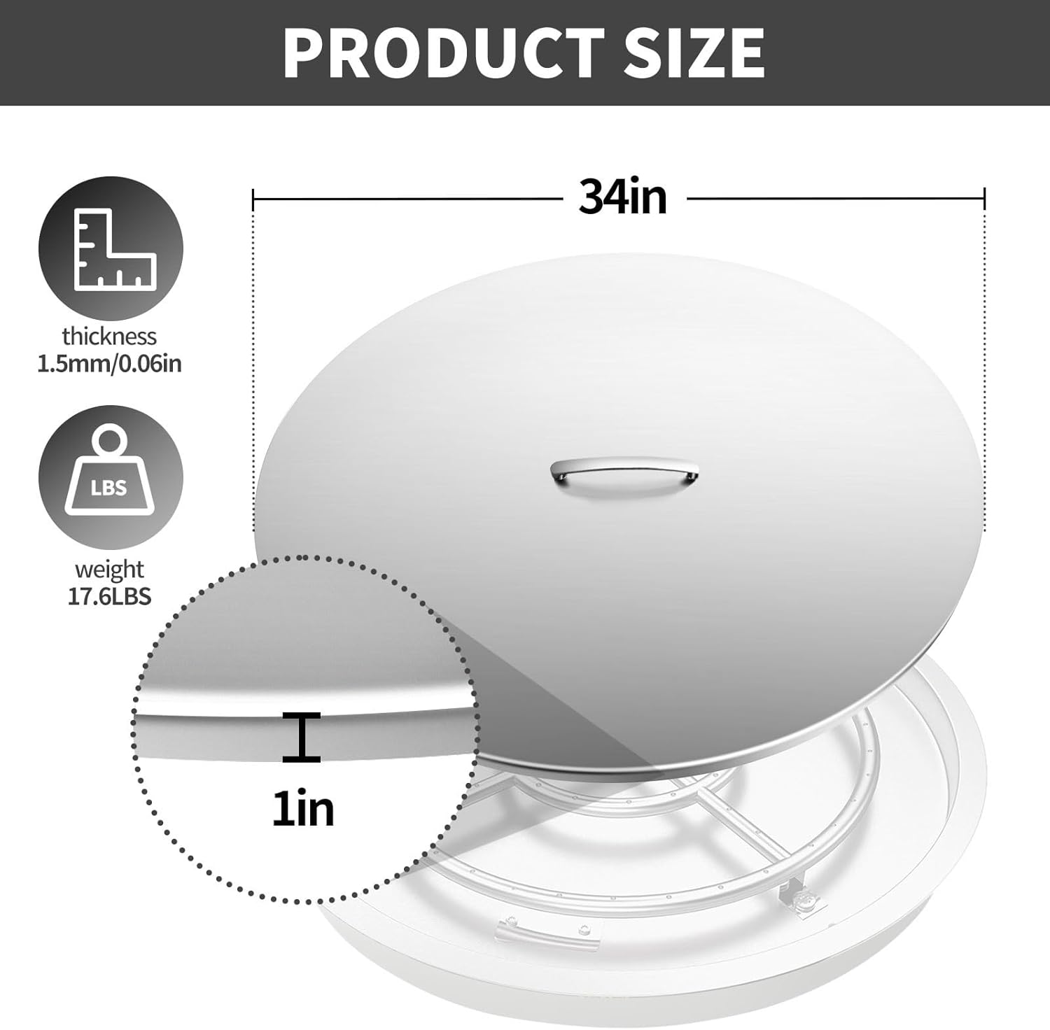 RYFT Fire Pit Lid Round, 34'' Fire Pit Lid, 304 Stainless Steel Fire Pit Cover, Fits 30