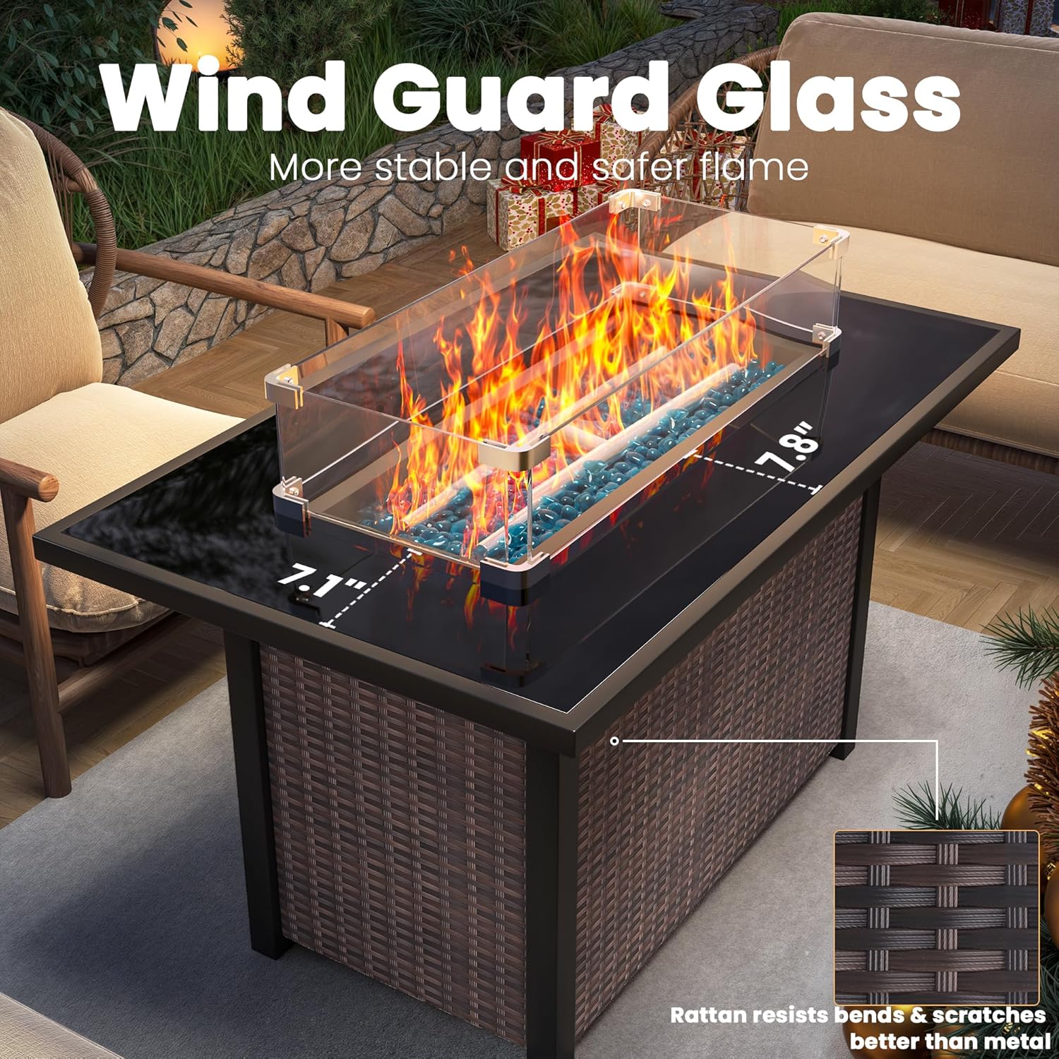 43-Inch Propane Fire Pit Table, Rattan Rectangular Outdoor Gas Fire Pit W/Glass Wind Guard, Tempered Glass Tabletop & Lid, CSA Listed, 60,000 BTU, 304 Stainless Steel H-Burner, for Outside Patio,Brown