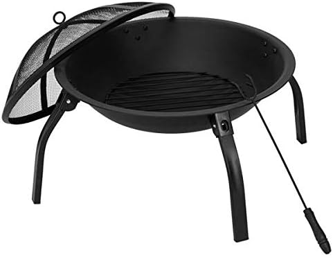 22-inch Folding Steel Fire Pit, Wood Burning Portable Outdoor Camping BBQ Grill Fire Bowl w/Screen Cover, Log Grate, Poker