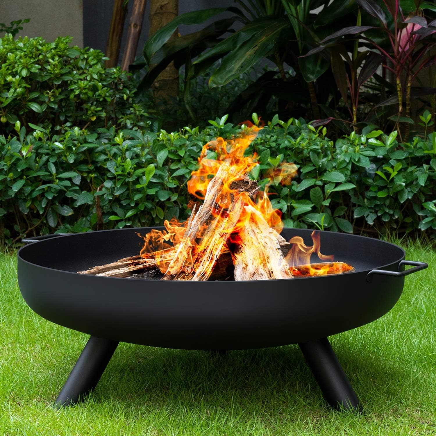 Outdoor Cast Iron Wood Burning Fire Pit 28in with Drain Hole - Large Round Fireplace for Backyard Deck Camping - Heavy Duty Metal Grate Rustproof - Extra Deep Fire Bowl Outside