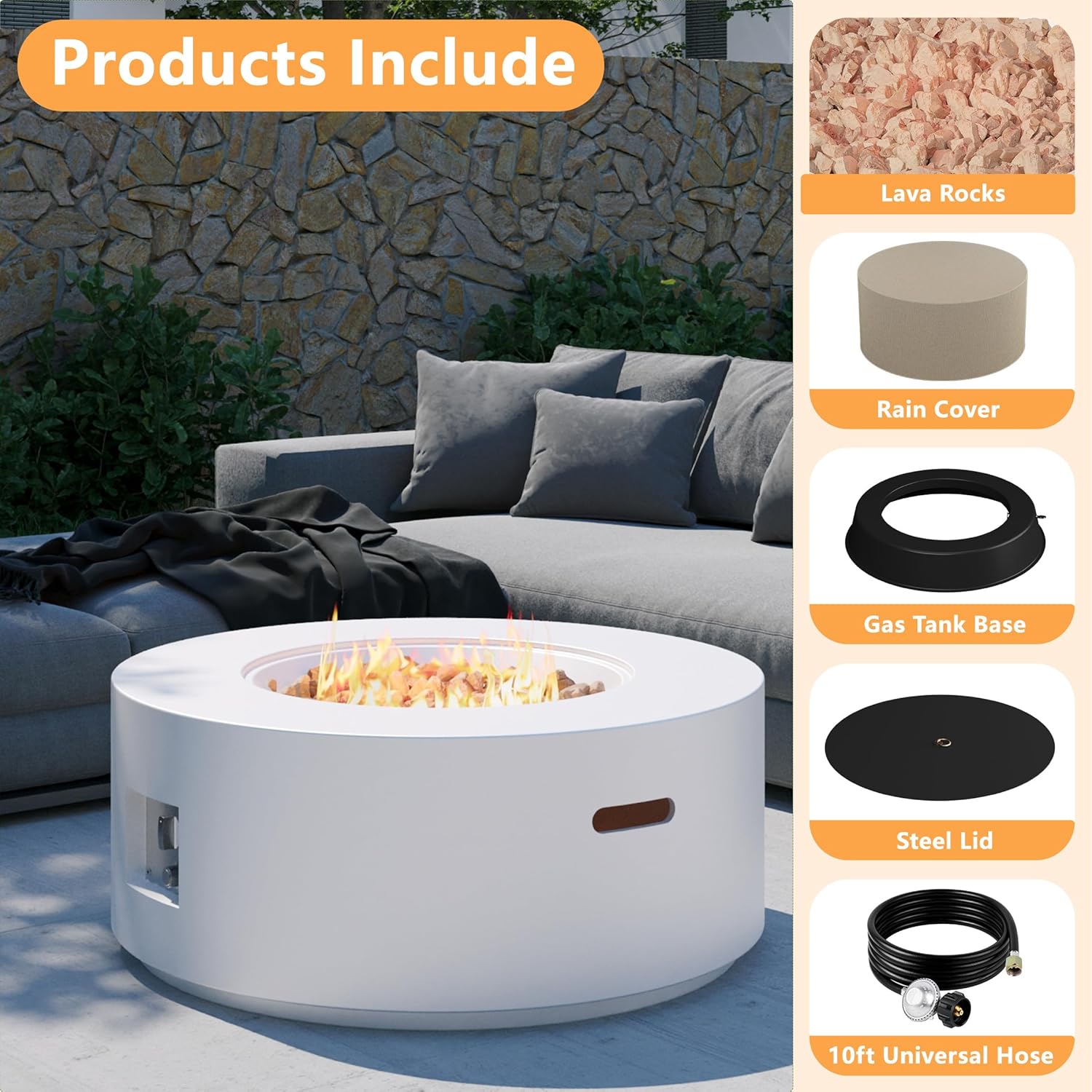 32 inch Round Propane Fire Table, 50,000 BTU Gas FirePit, Patio Fire Pit Table with Steel Lid, Rain Cover, 10ft Propane Hose, Lava Rocks, White