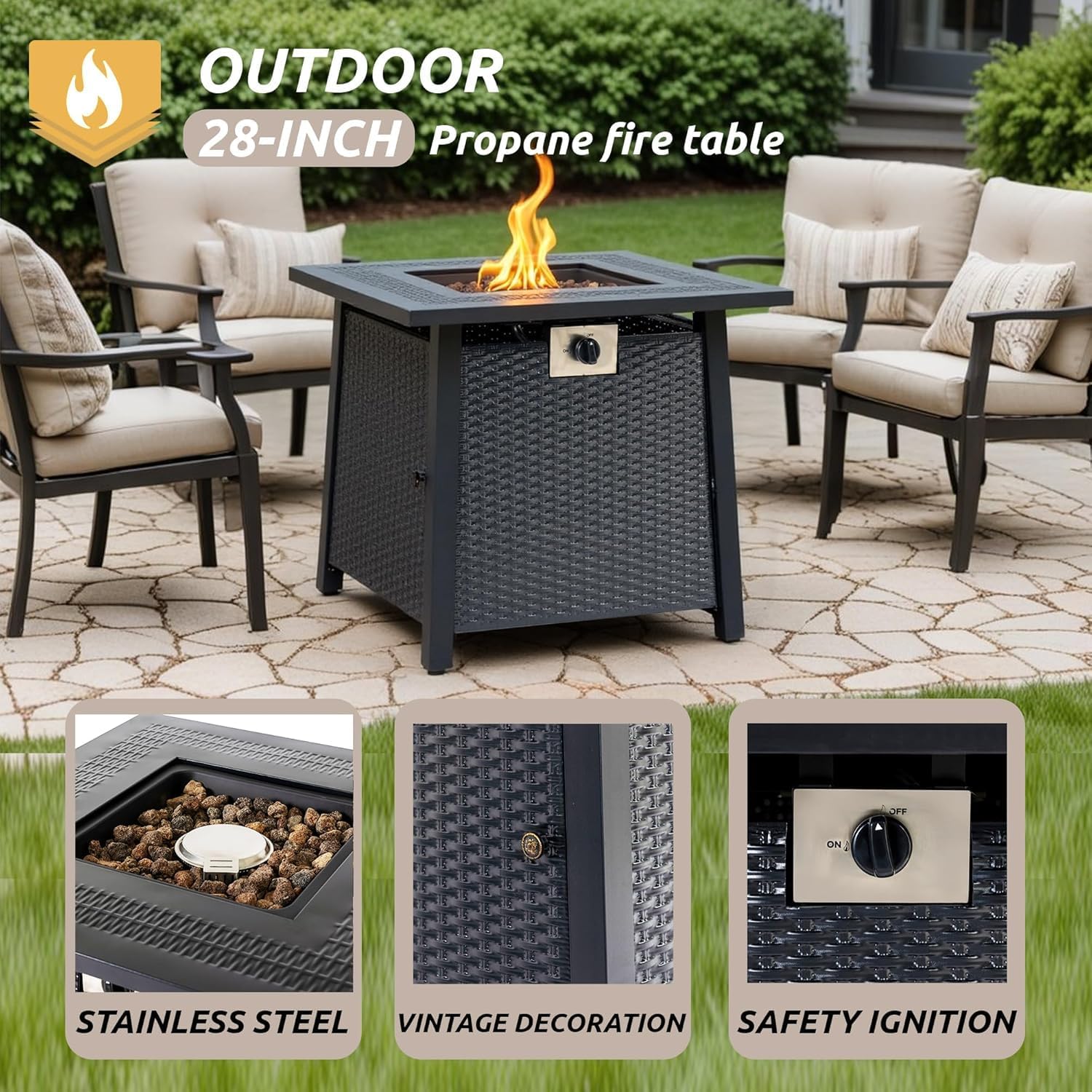 28 Inch Patio Propane Fire Pit, Out Door Fire Pits & Fireplaces, Gas Fire Pit with Cover and Lava Rock for Garden, Courtyard and Backyard, Black