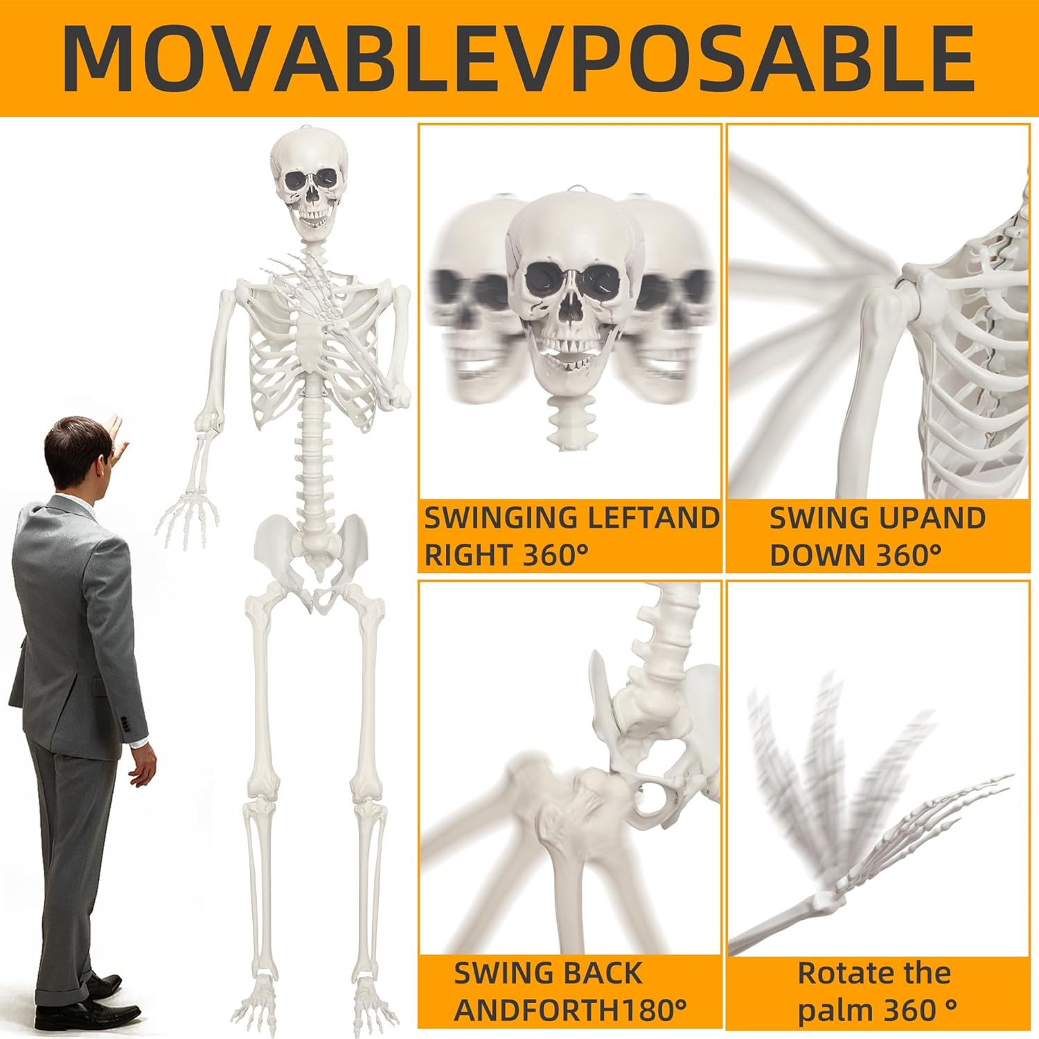 Lodou 1PC 7.9ft/240cm Halloween Giant Skeleton Full Body Realistic Human Bones with Adjustable Joints for Indoor Outdoor Halloween Decor