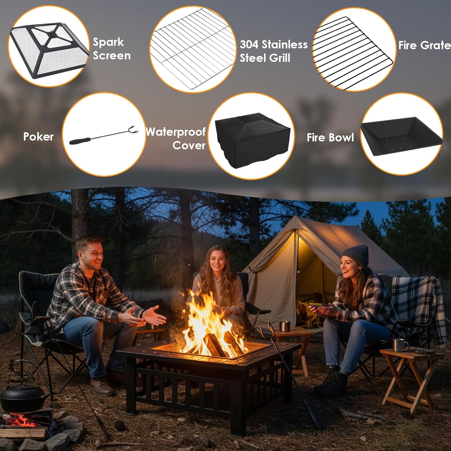 MAMIZO 32 inch Outdoor Fire Pit, Wood Outside Burning Square Metal Firepits Stove Table w/Accessories, Spark Screen, Waterproof Cover, Poker Included for Backyard BBQ Patio Camping Bonfire Heating