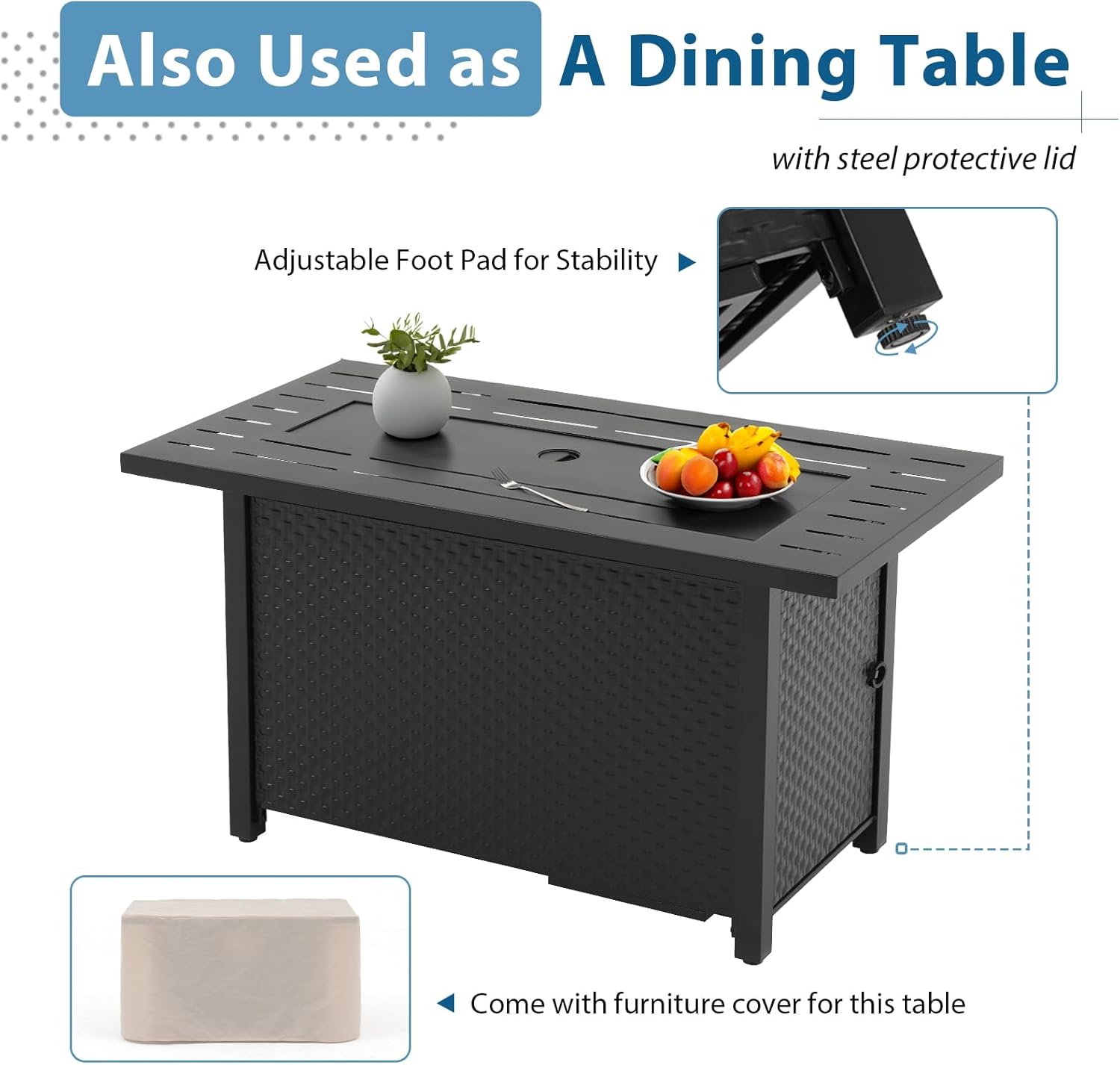 JOIVI 7 Pieces Outdoor Patio Furniture Set with 45” 50000BTU Fire Pit Table, Rattan Patio Conversation Set with Coffee Table, L-Shaped Sectional Sofa and Propane Fire Pit Set, Navy Blue