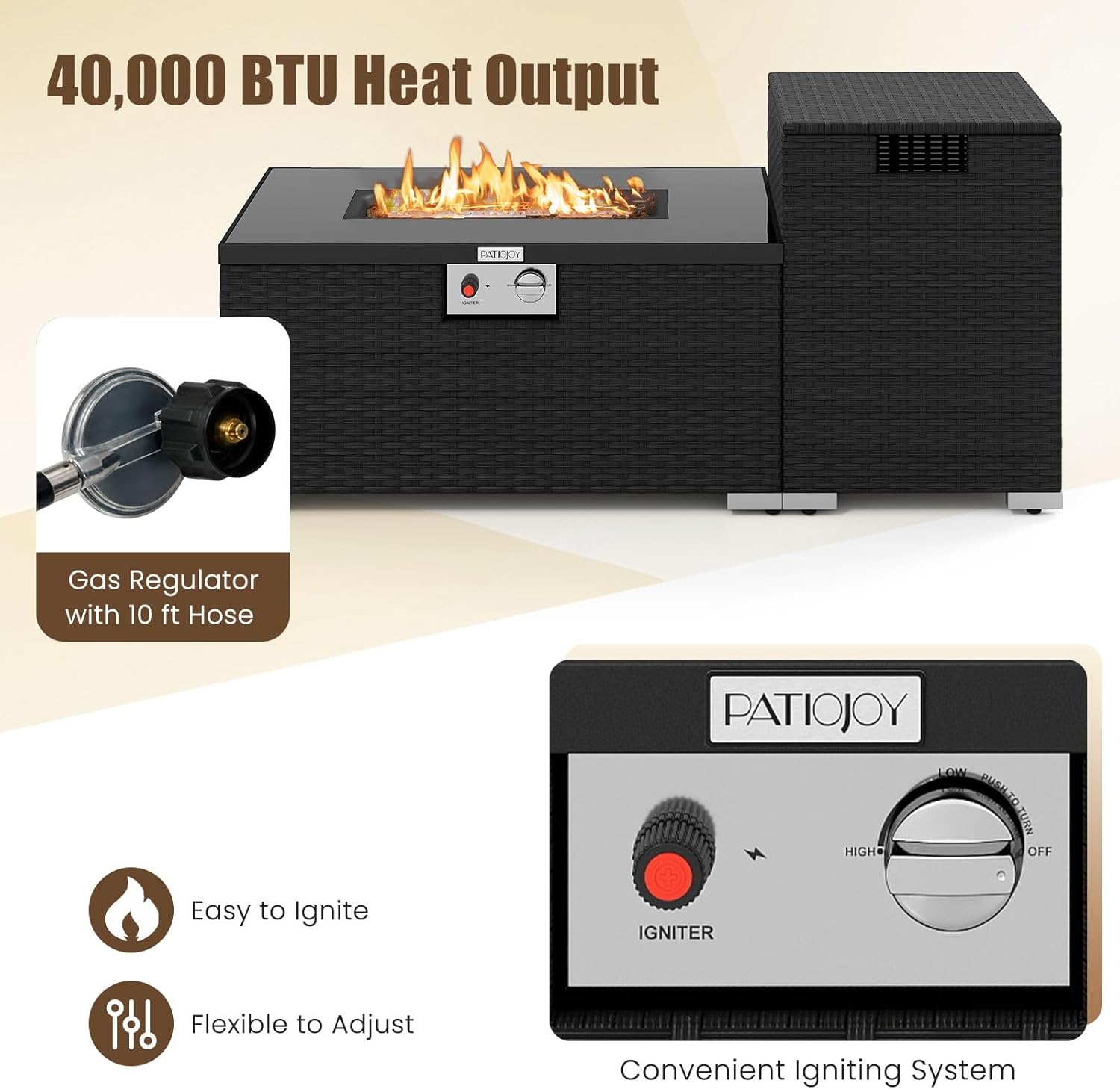 Tangkula 2 Piece Propane Fire Pit Table Set with Tank Cover, Outdoor Rattan Gas Firepit with Lid, Tempered Glass Tabletop, Protective Cover, 40,000 BTU Rectangle Fire Table Set for Outside (Black)