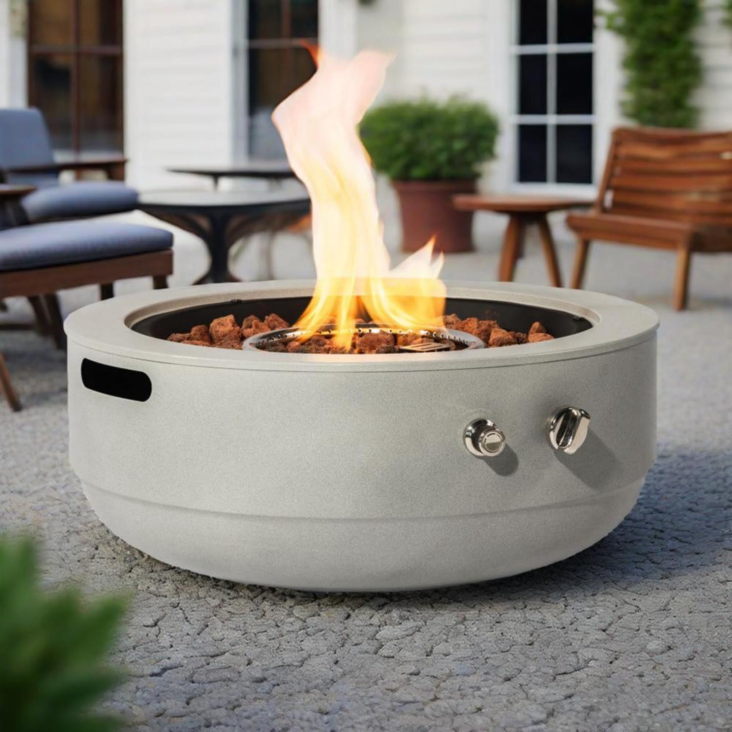 Modern Propane Fire Pit, 50,000 BTU Grey Steel Outdoor Firepit Bowl with Lid & Lava Rocks, Portable Gas Smoke-Free Firepit for Patio, Backyard, Balcony