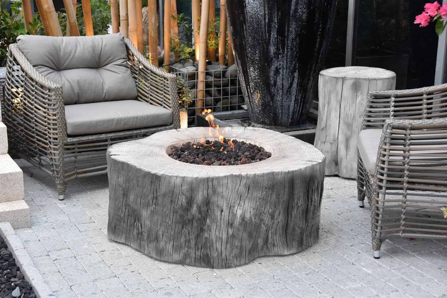 Elementi | Bundle Manchester Gas Fire Pit Cast Concrete Semi-Round Fire Table, Outdoor Fire Pit Electronic Ignition | Canvas Cover, Lava Rock Included | Classic Gray (Natural Gas)