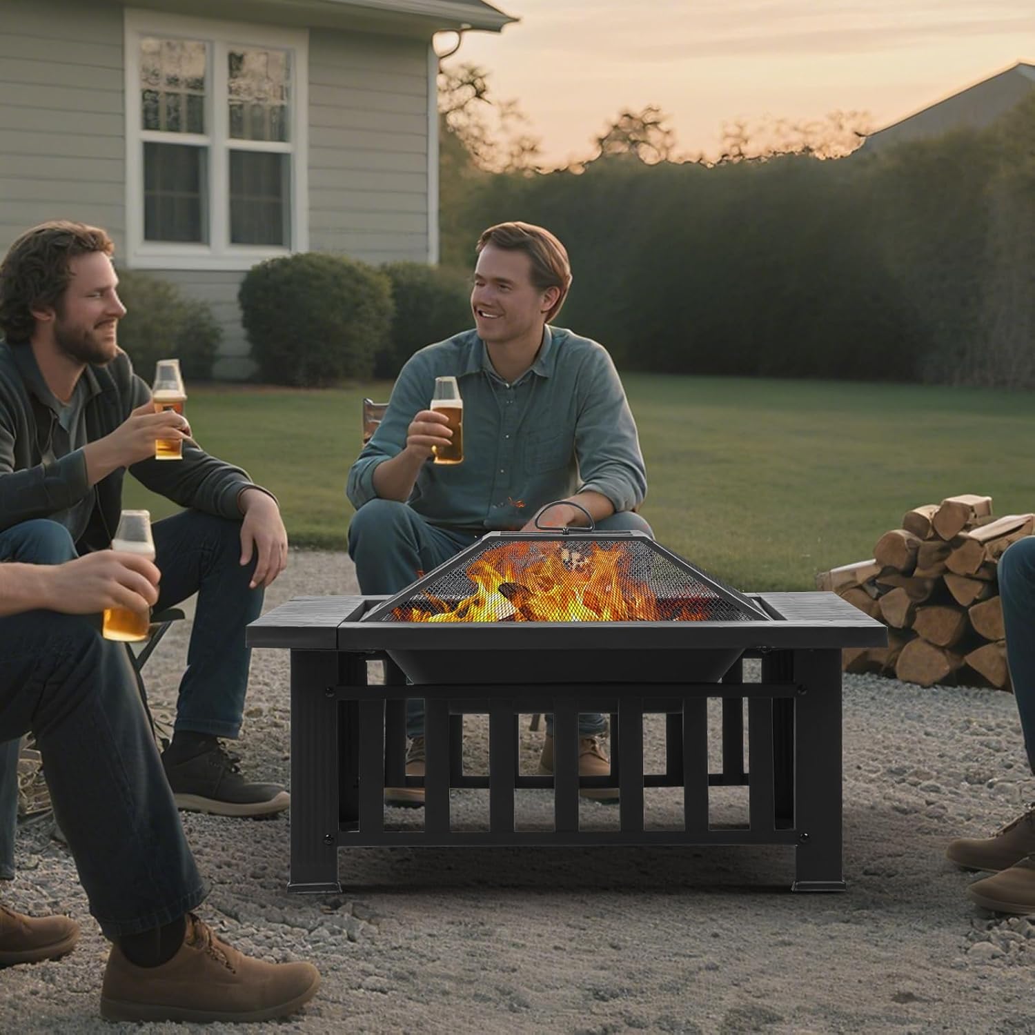 Fire Pit Table 32 Inch Square Metal Stove for Patio, Backyard, Garden | Multifunctional Outdoor Fireplace for Camping, Heating, Bonfire & Picnic